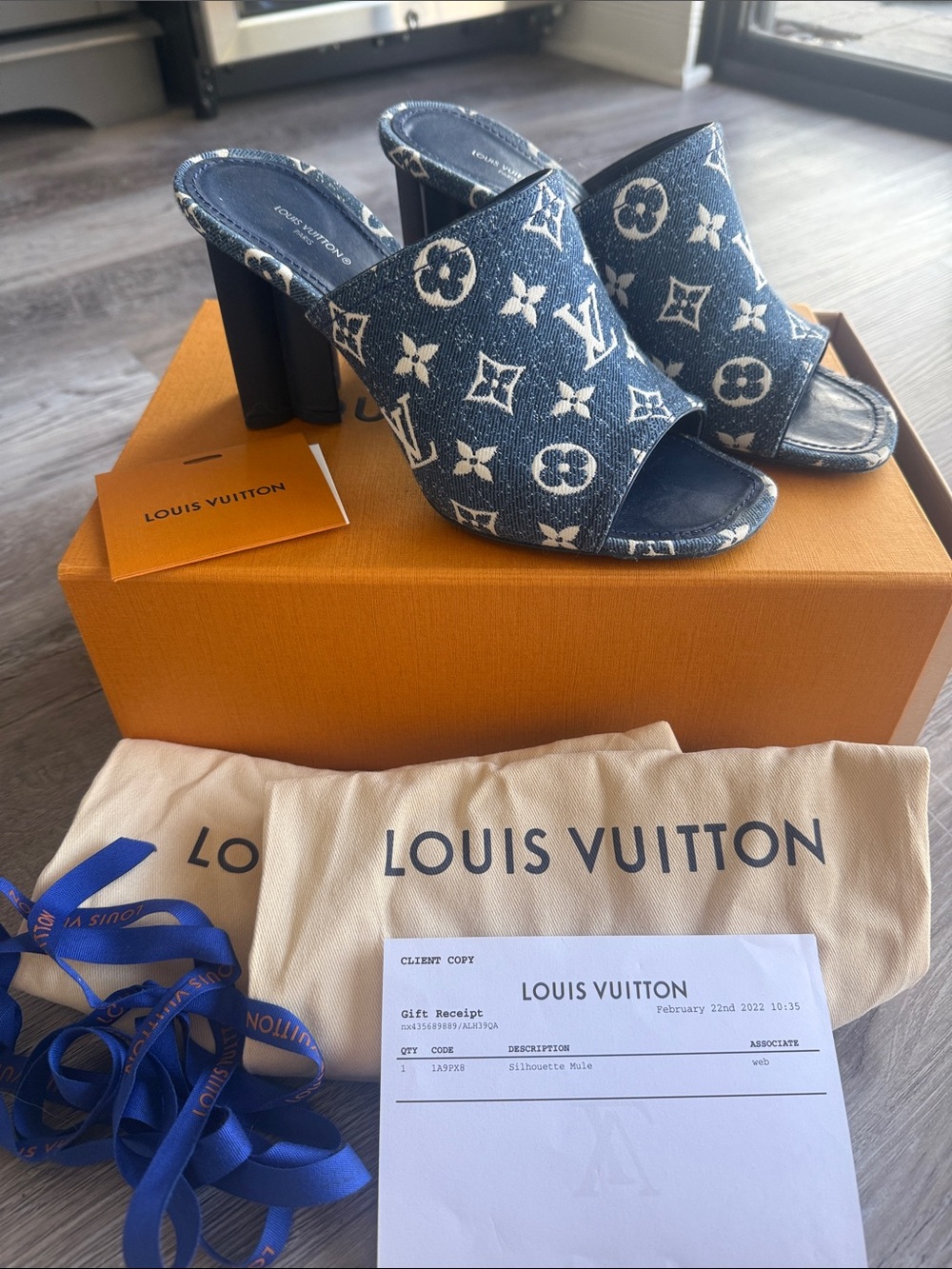 Louis Vuitton Denim Monogram Peep-Toe Mule Sandals in Blue - Picture 1 of 4